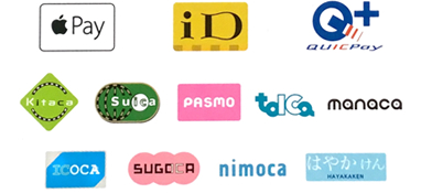 Apple Pay/iD/Quickpay/Kitaca/Suica/Pasmo/Tolca/Manaca/Icoca/Sugoca/Nimoca/はやかけん